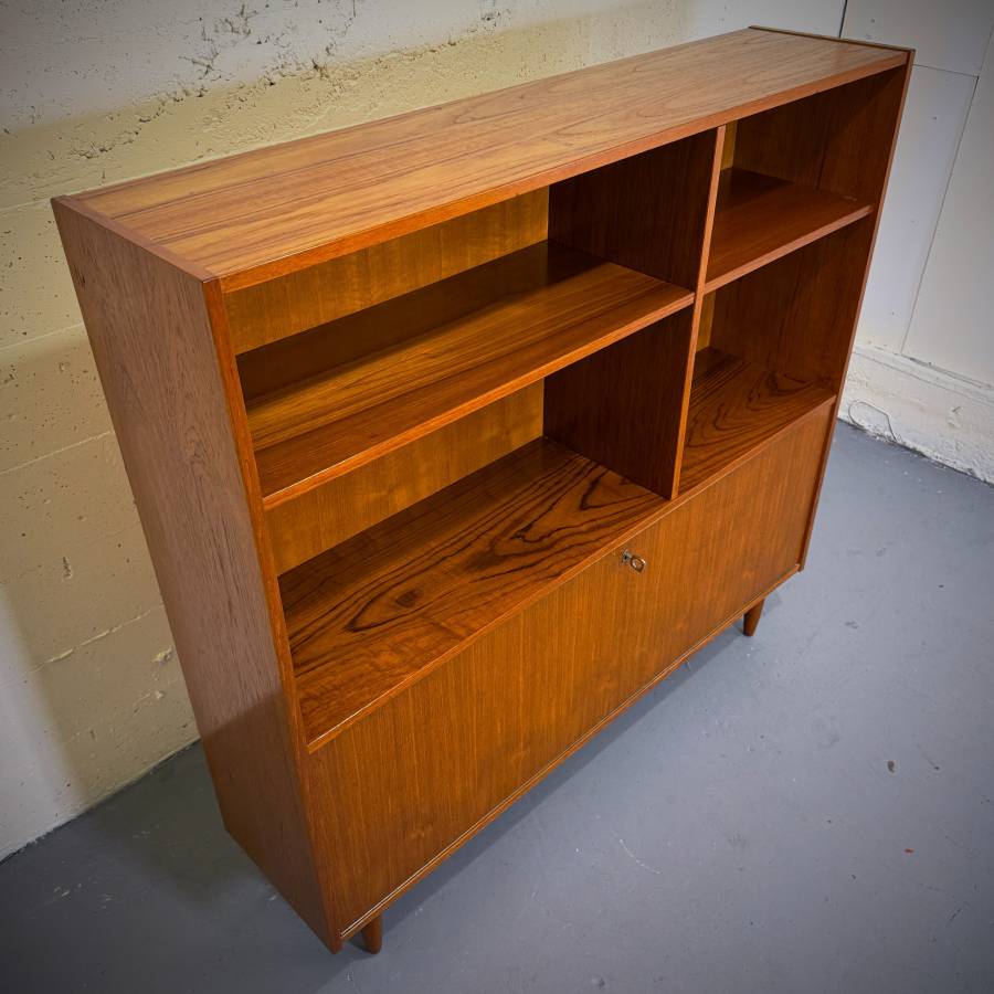 Danish modern teak shelving unit with drop down bar — photograph 5 of 6