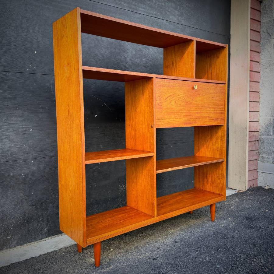 Mid century modern teak open shelving unit with drop down bar — photograph 3 of 6