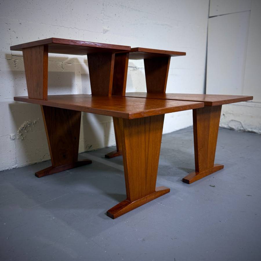 Pair of mid century modern teak two tier side tables — photograph 4 of 6