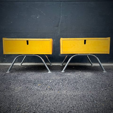 Pair of mid century modern blonde low profile side tables