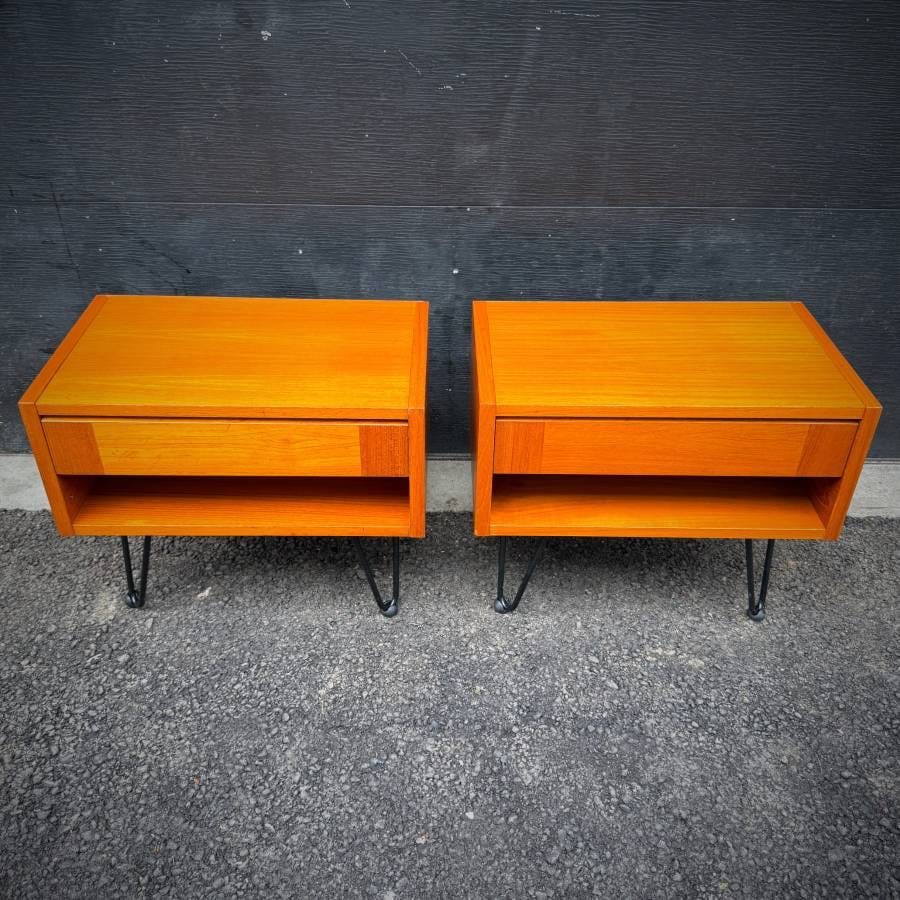 Pair of compact mid century modern atomic teak side tables — photograph 4 of 6