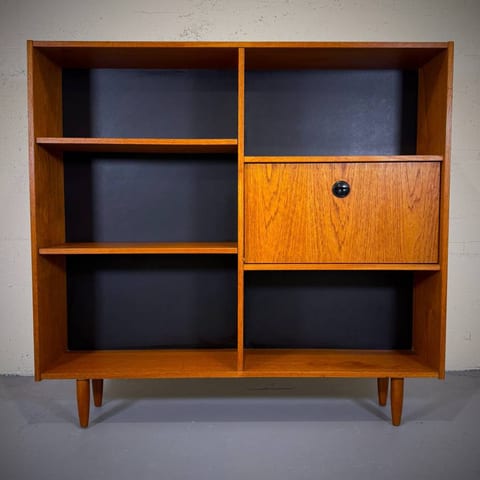 Slim profile mid century modern teak shelving unit with drop down bar