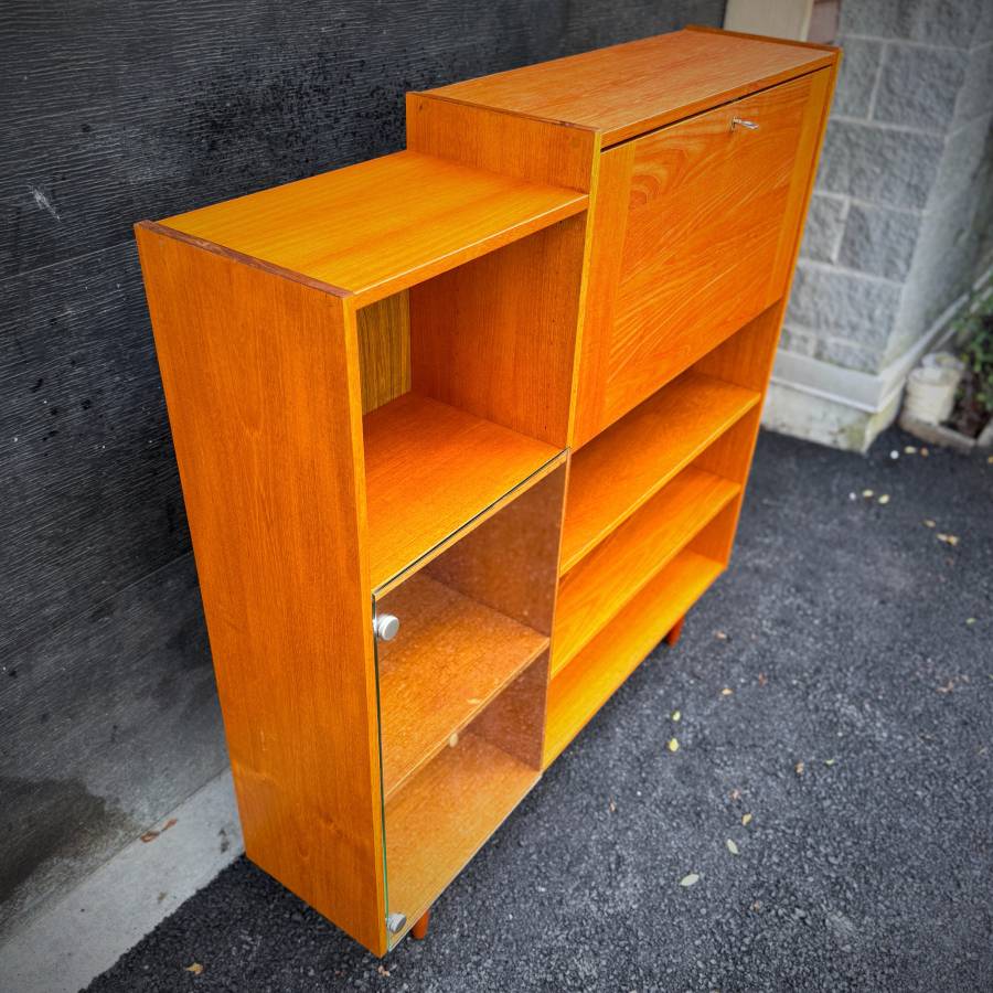 Mid century modern teak and glass shelving unit with drop down bar — photograph 5 of 6