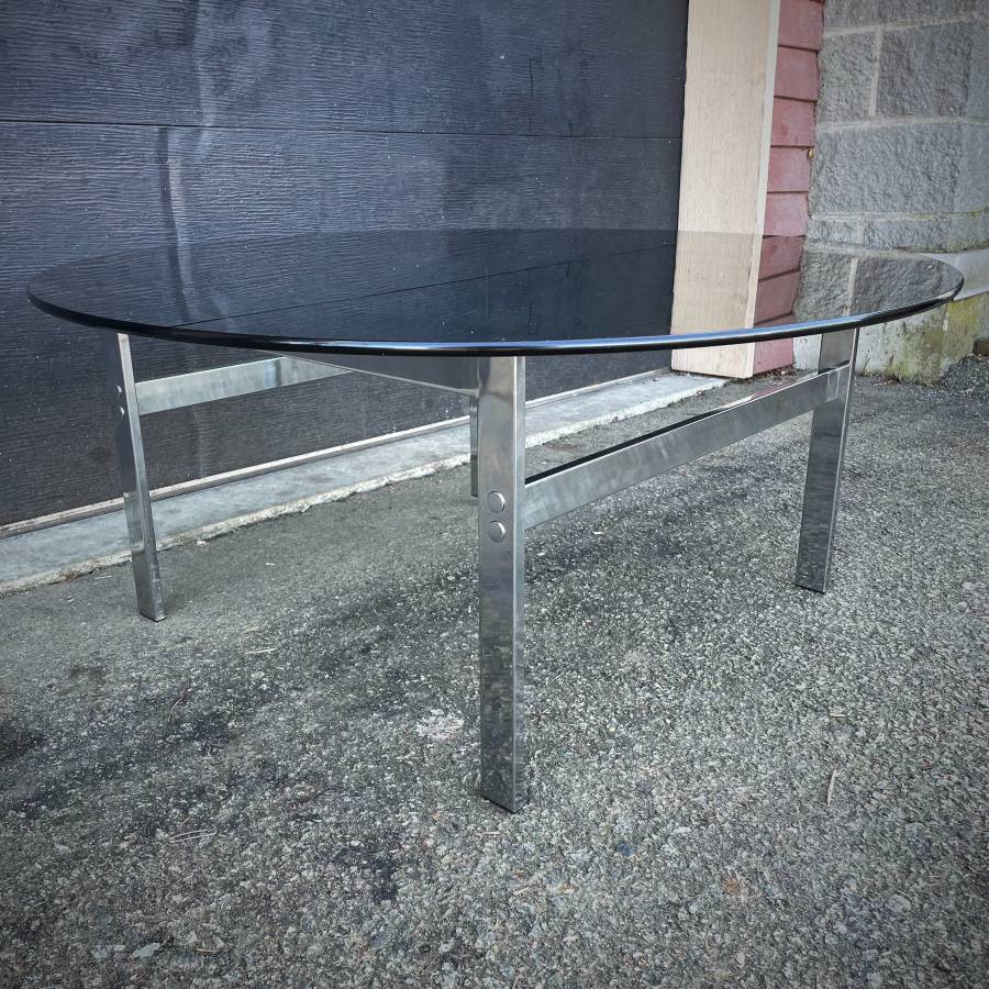 1970s mcm chrome and smoked glass coffee table — photograph 3 of 6