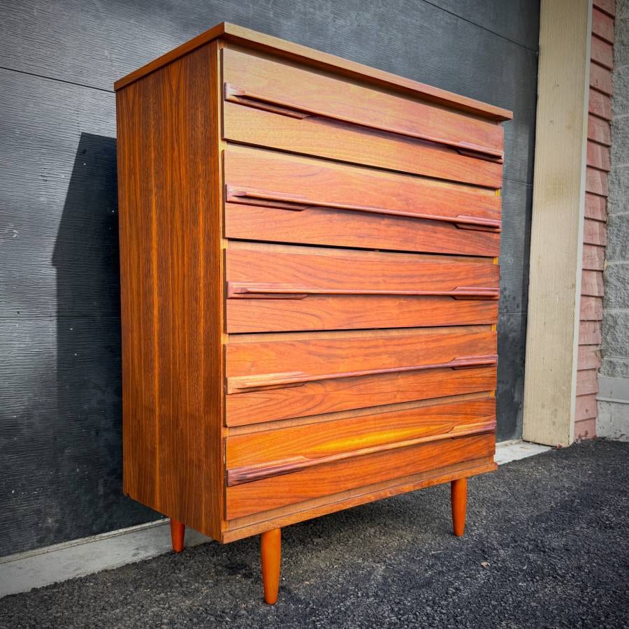 Mid century modern satin walnut tall boy dresser — photograph 2 of 6