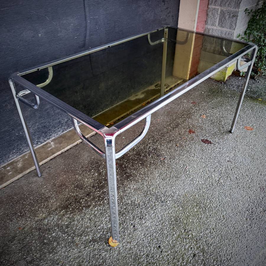 Mid century modern chrome and smoked glass dining table — photograph 4 of 7