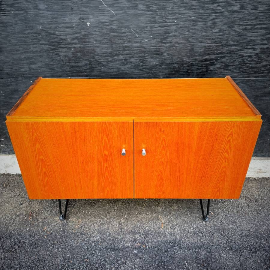 Compact mid century modern teak two door credenza — photograph 4 of 6
