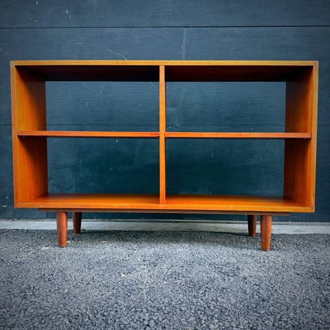 Mid century modern teak double sided open shelving unit