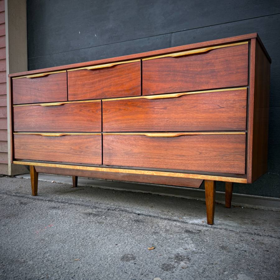 Beautiful mid century modern satin walnut low boy dresser by Vic Art — photograph 3 of 6
