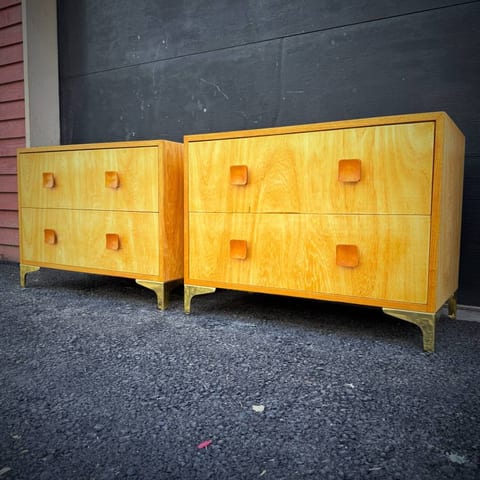 Pair of mid century modern blonde two drawer dressers