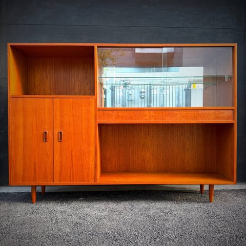 Beautiful slim profile mid century modern teak credenza shelving unit