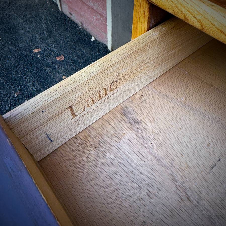Gorgeous refinished mid century modern walnut and oak credenza by Lane — photograph 6 of 8