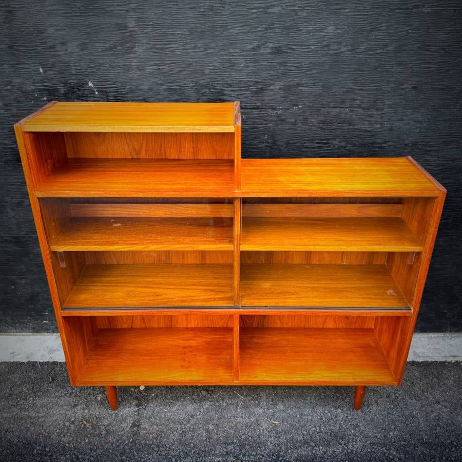 Mid century modern teak and glass asymmetrical shelving unit — photograph 4 of 7