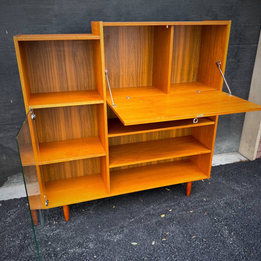 Mid century modern teak and glass shelving unit with drop down bar — photograph 6 of 6