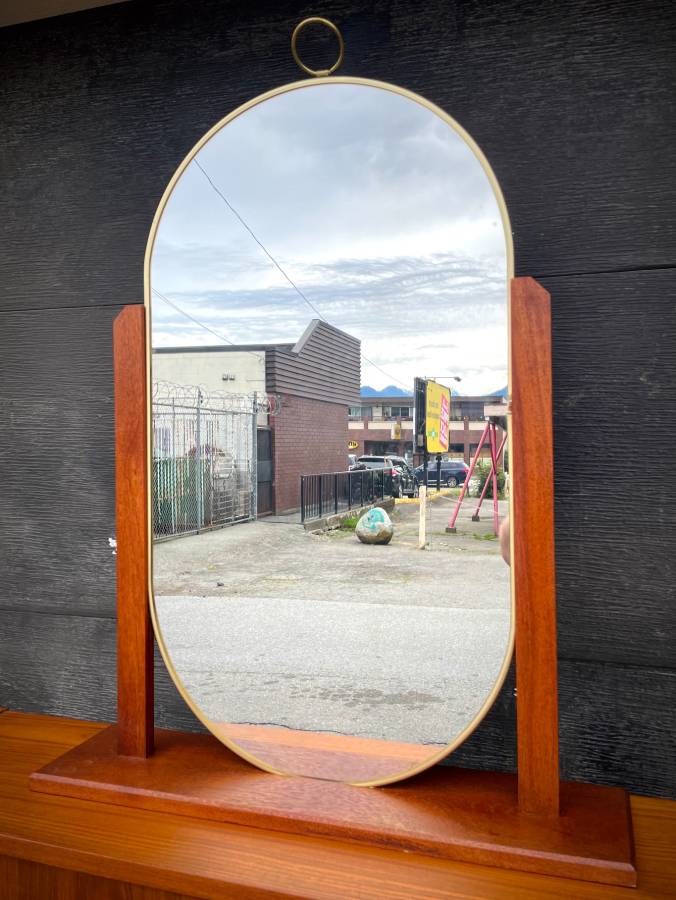 Mid century teak framed vanity mirror — photograph 2 of 3