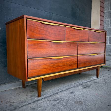Beautiful mid century modern satin walnut low boy dresser by Vic Art