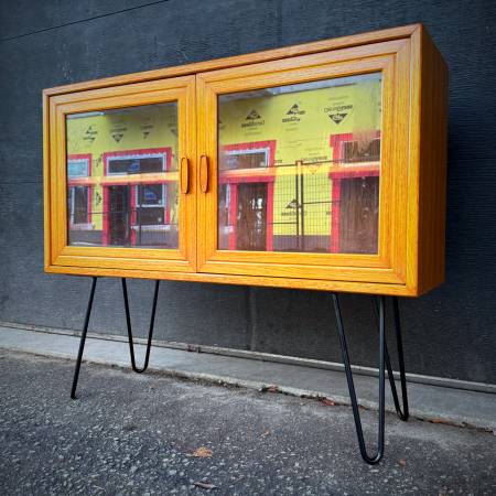 Mid century modern compact teak and glass atomic credenza