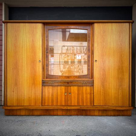 Large mid century modern teak and burled walnut hutch