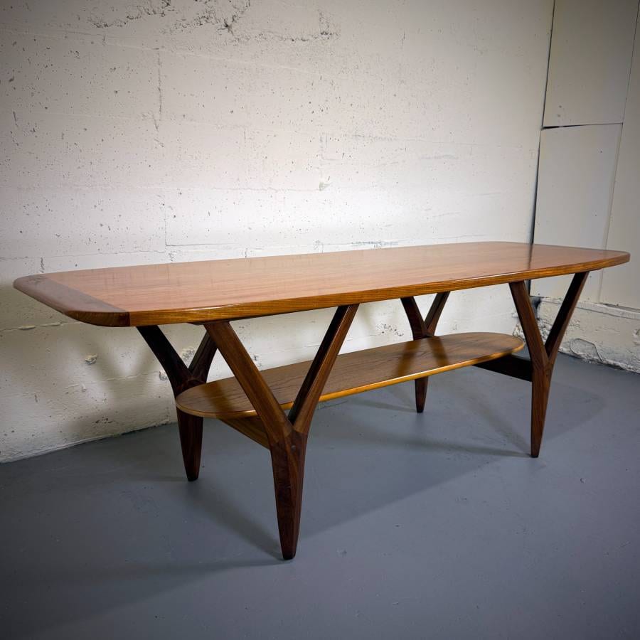 Gorgeous large sized mid century modern teak surfboard coffee table — photograph 3 of 8