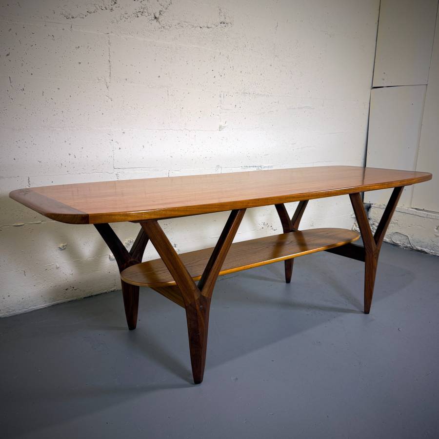 Gorgeous large sized mid century modern teak surfboard coffee table — photograph 3 of 8