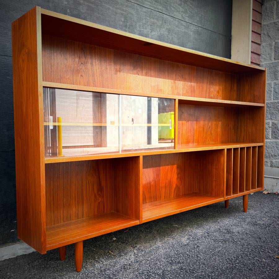 Beautiful extra long teak slim profile shelving unit made in Denmark — photograph 3 of 5