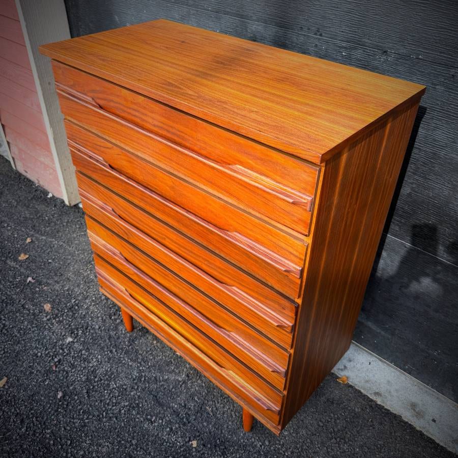 Mid century modern satin walnut tall boy dresser — photograph 6 of 6