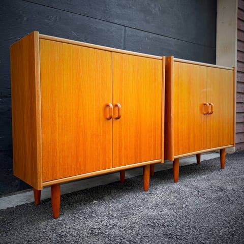 Pair of compact slim profile danish modern teak credenzas