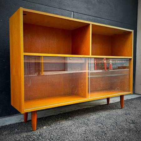 Mid century modern teak and glass credenza with lights