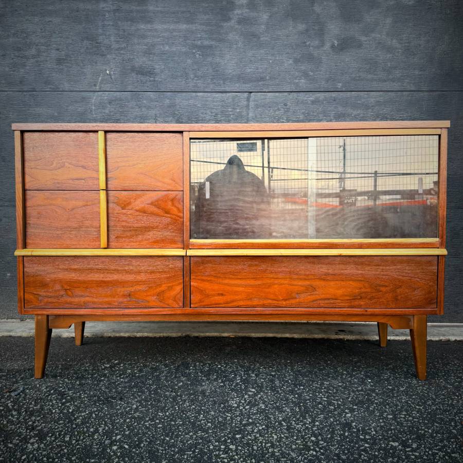 Mid century modern walnut and glass credenza — photograph 2 of 7