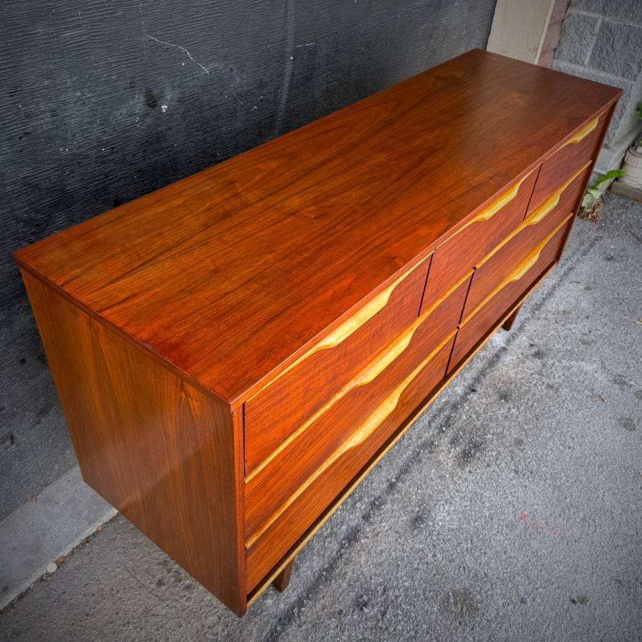 Beautiful mid century modern satin walnut low boy dresser by Vic Art — photograph 5 of 6