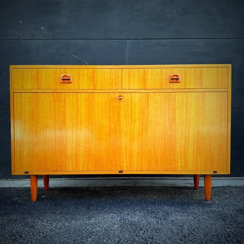 Slim profile danish modern teak drop down bar cabinet