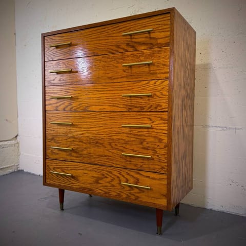 Mid century modern oak tall boy dresser