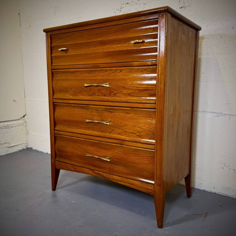 Solid pecan mid century modern tall boy dresser — photograph 2 of 7