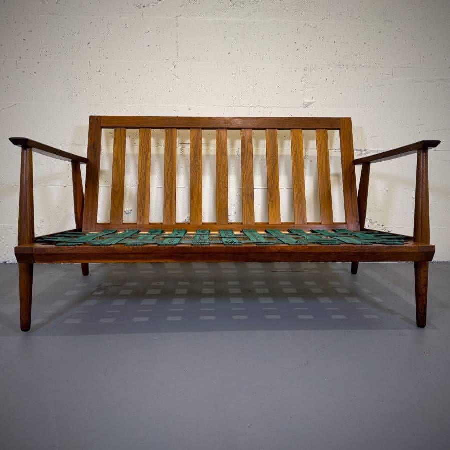 Beautiful mid century modern teak and wool love seat — photograph 8 of 9