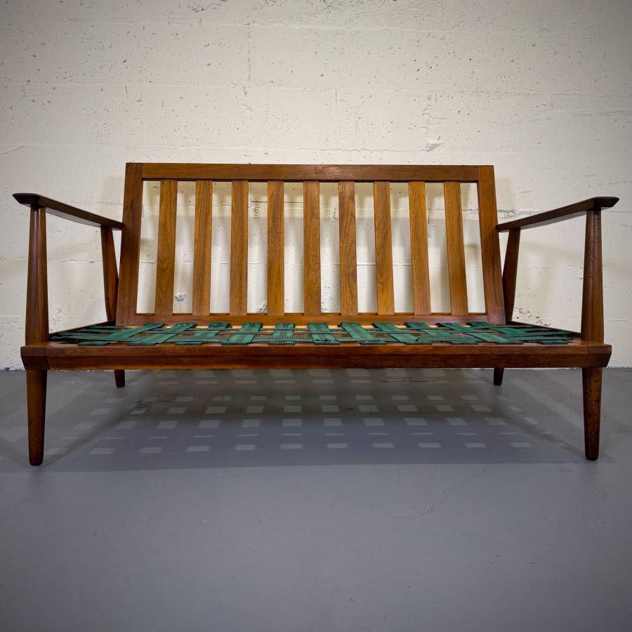 Beautiful mid century modern teak and wool love seat — photograph 8 of 9