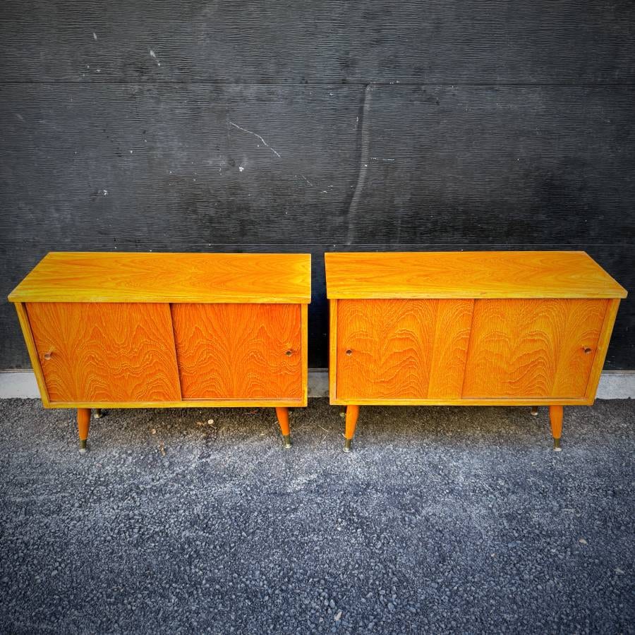 Pair of compact mid century modern teak atomic credenzas — photograph 4 of 7