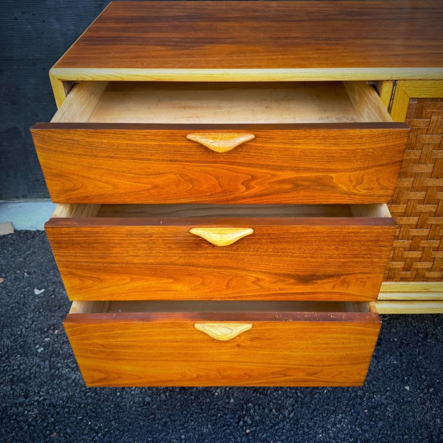 Gorgeous refinished mid century modern walnut and oak credenza by Lane — photograph 4 of 8