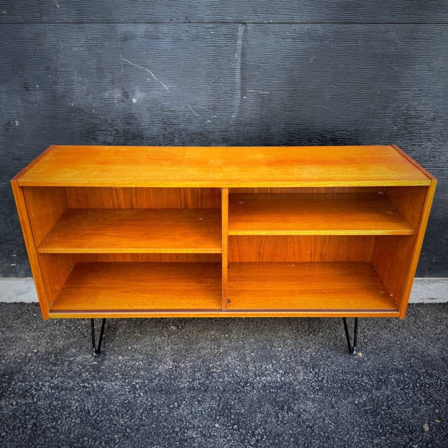 Slim profile danish modern teak and glass atomic credenza — photograph 4 of 6