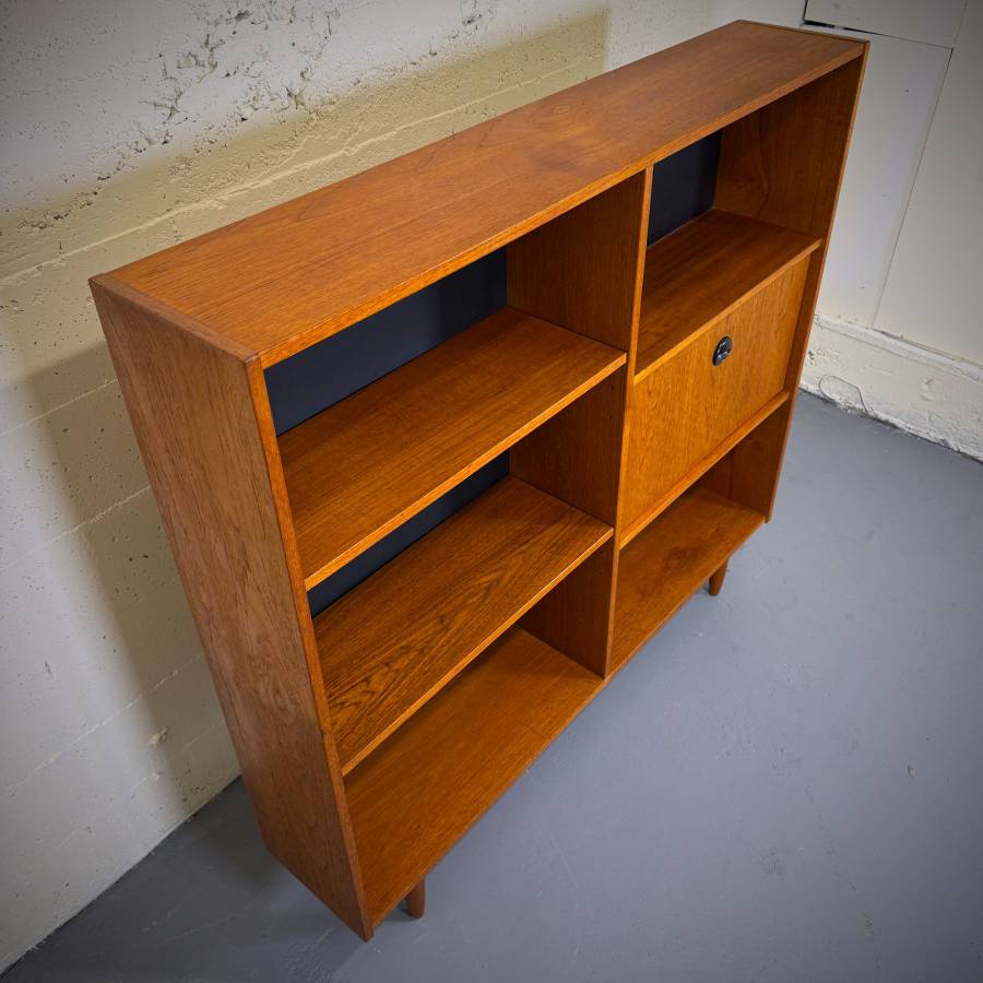 Slim profile mid century modern teak shelving unit with drop down bar — photograph 5 of 6