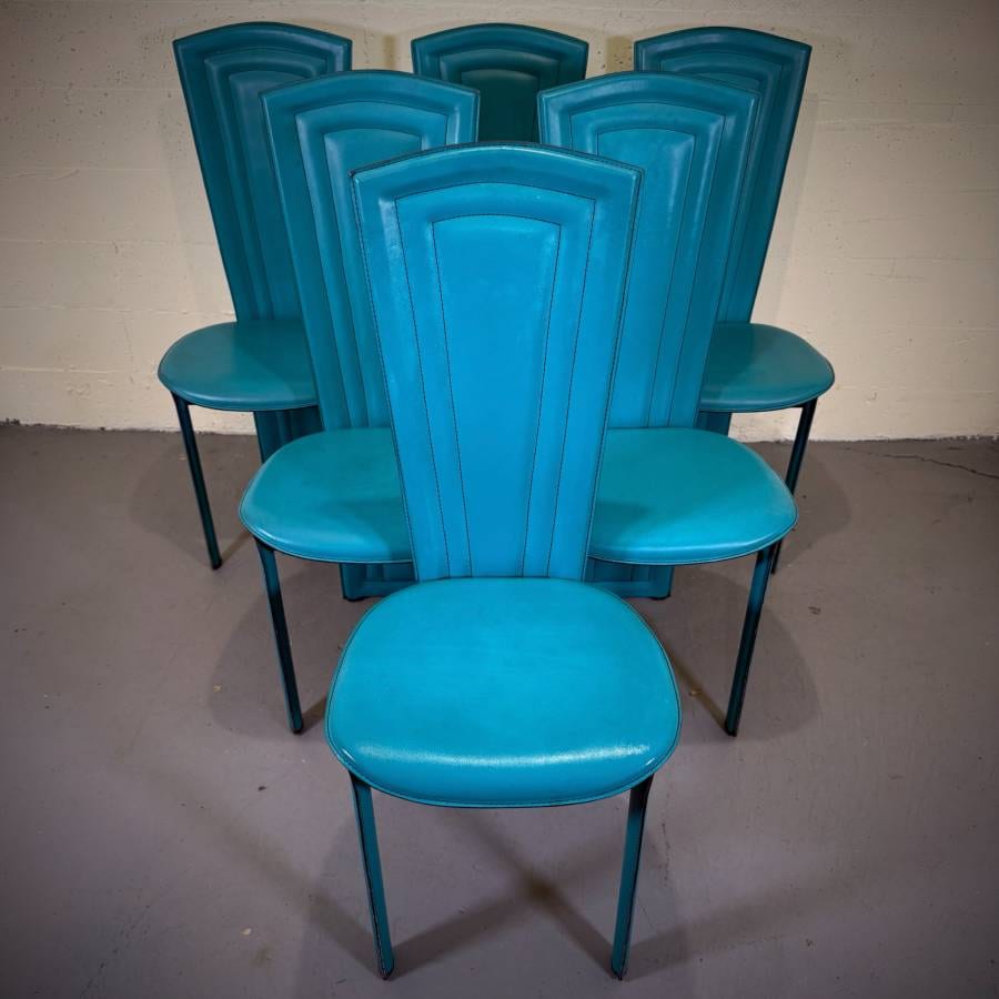 Set of 6 post modern Italian 80s teal dining chairs — photograph 2 of 7