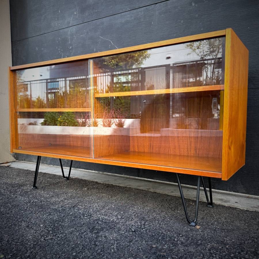 Slim profile danish modern teak and glass atomic credenza — photograph 3 of 6