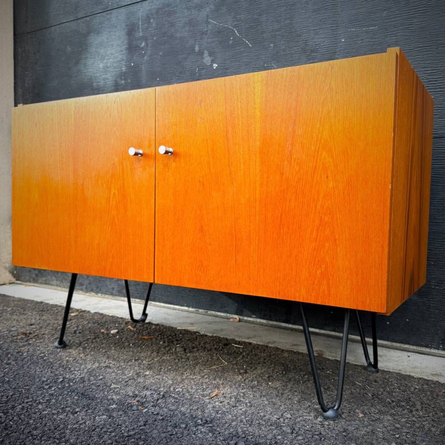 Compact mid century modern teak two door credenza — photograph 3 of 6