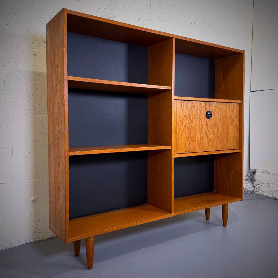 Slim profile mid century modern teak shelving unit with drop down bar — photograph 2 of 6