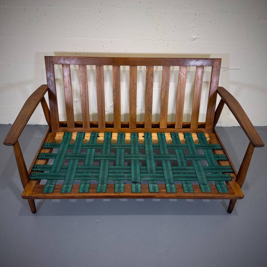 Beautiful mid century modern teak and wool love seat — photograph 9 of 9