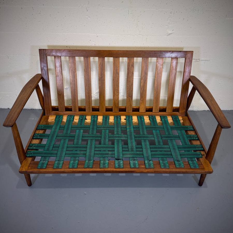 Beautiful mid century modern teak and wool love seat — photograph 9 of 9