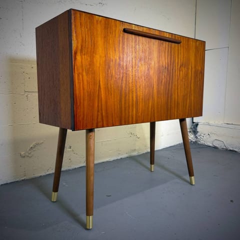 Mid century modern atomic teak drop down bar cabinet
