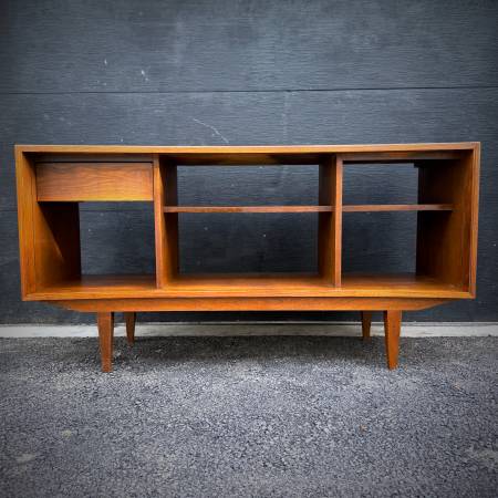 Mid century modern open walnut credenza shelving unit
