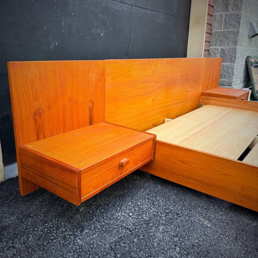 Mid century modern teak platform queen bedframe with night tables — photograph 3 of 6
