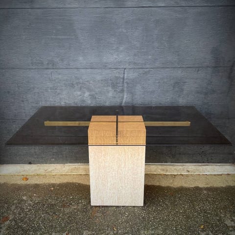 Italian vintage travertine and glass dining table