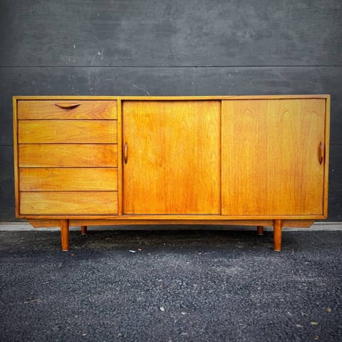 Mid century modern teak LP credenza with drop down bar